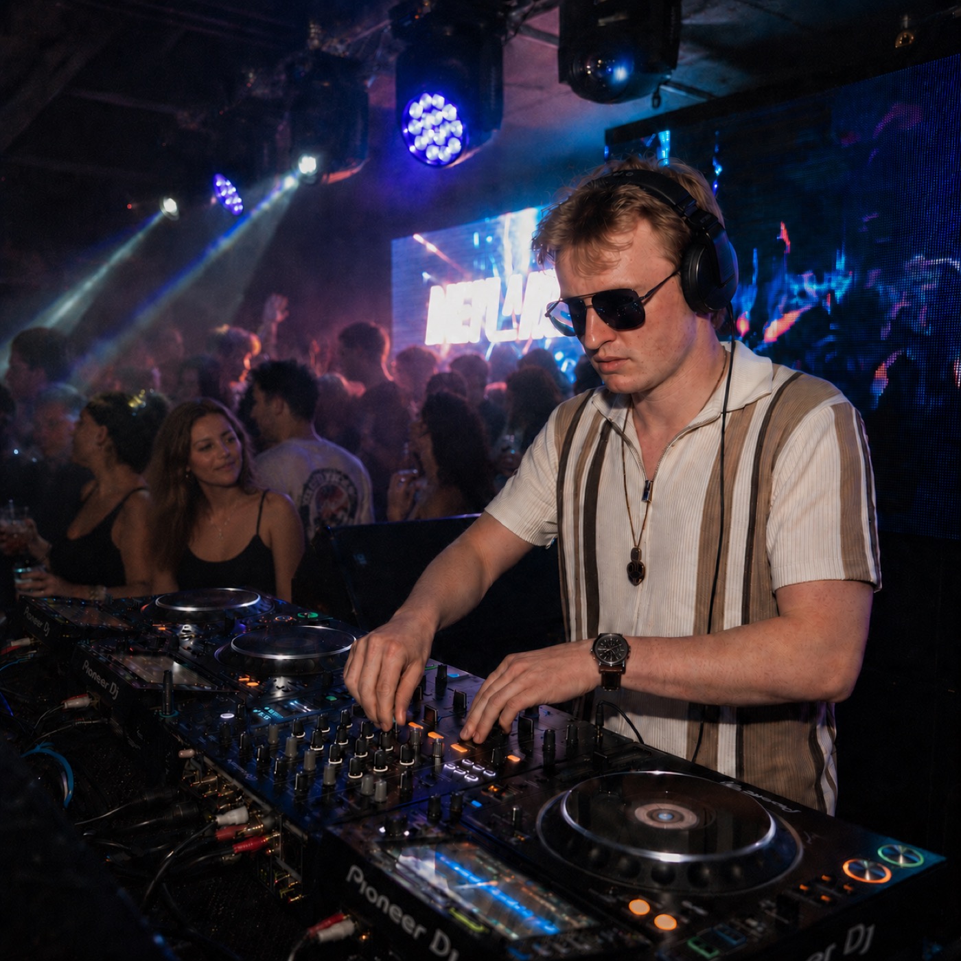 DJ Musha behind the decks with a packed crowd